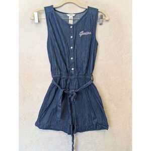 Guess Kids Size 10/12 Blue Denim Sleeveless Romper Rhinestone Logo Button Front